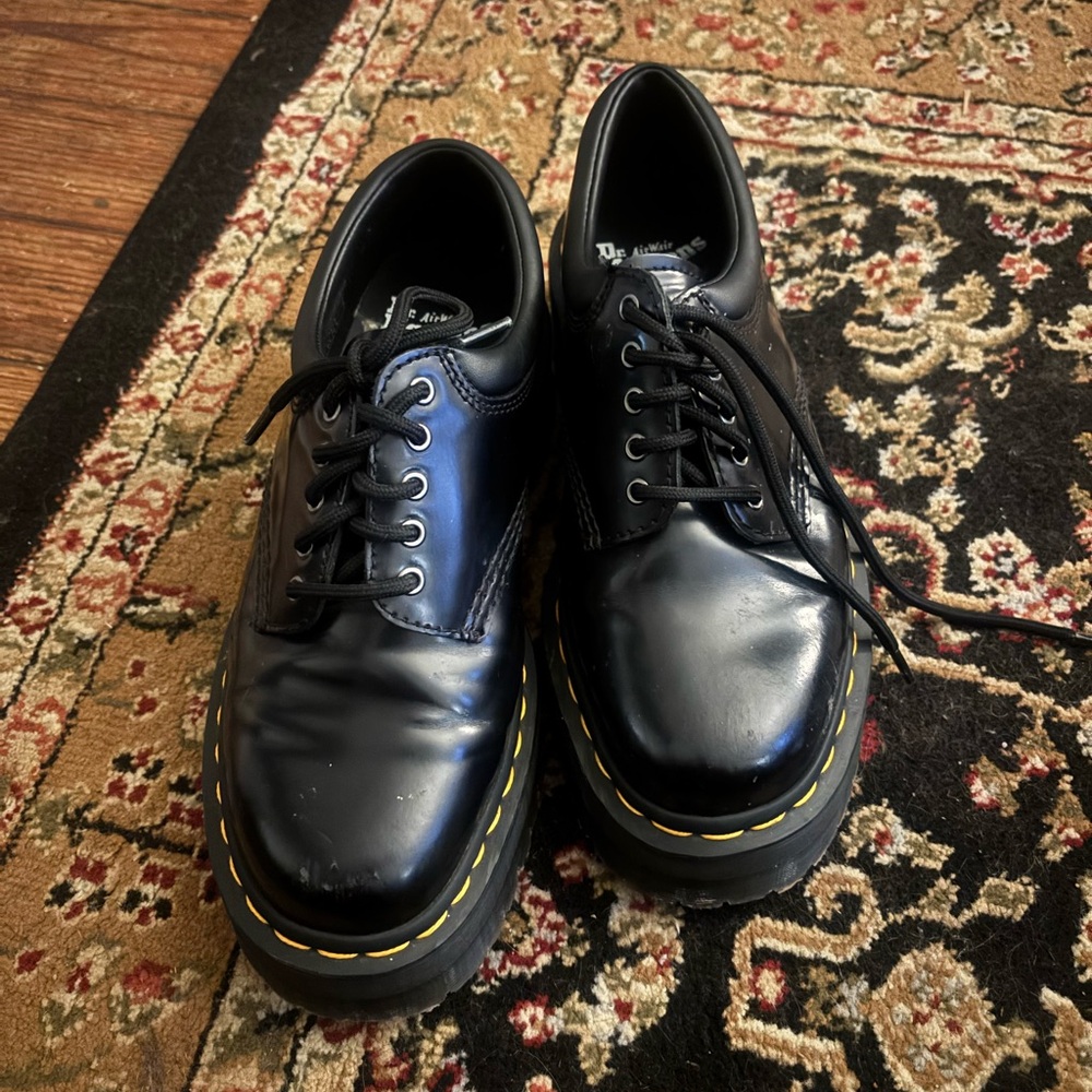 Dr. Martens Black Leather Oxford Shoes with Yellow Stitching